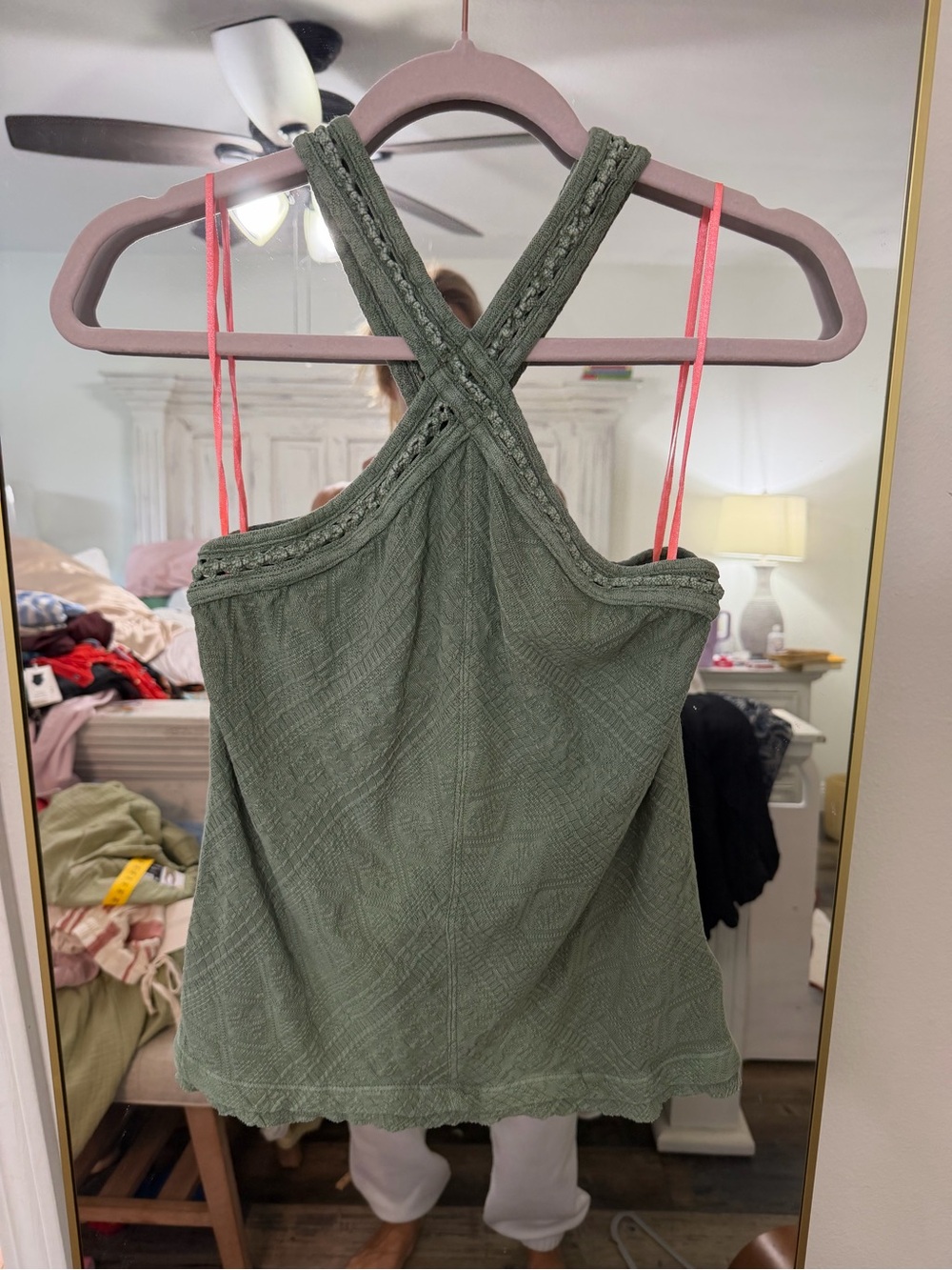 Free People Olive Green Textured Crossback Cami with Coral Straps